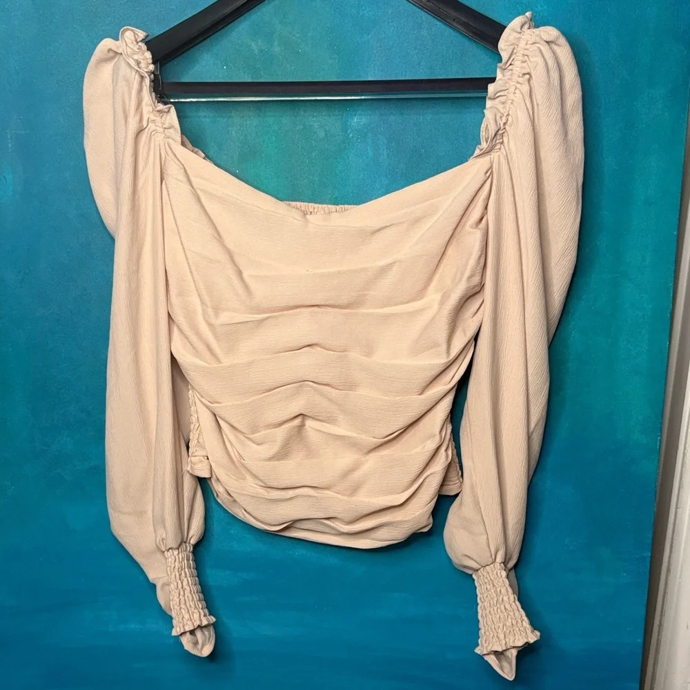 ASTR Square Neck Puff Sleeve Long Sleeve Top Blush Pale Pink Ruched Shirt
